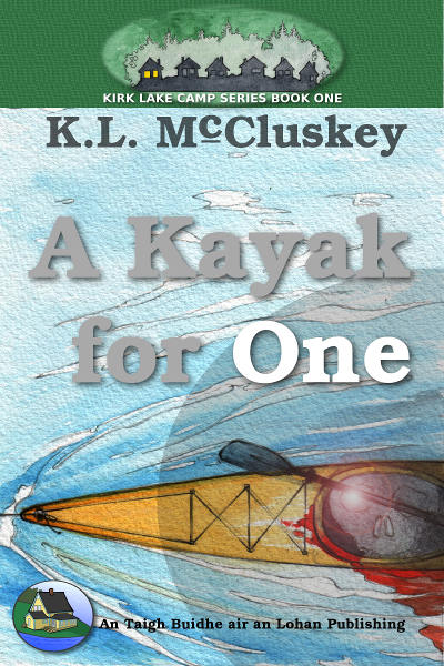 A Kayak for One ebook cover. Skull image inside top view of kayak being pulled.