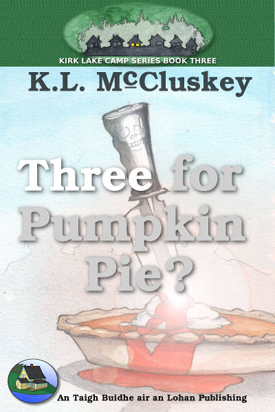 Three for Pumpkin Pie? ebook cover. A pumpkin pie with a bloody knife stuck in it.